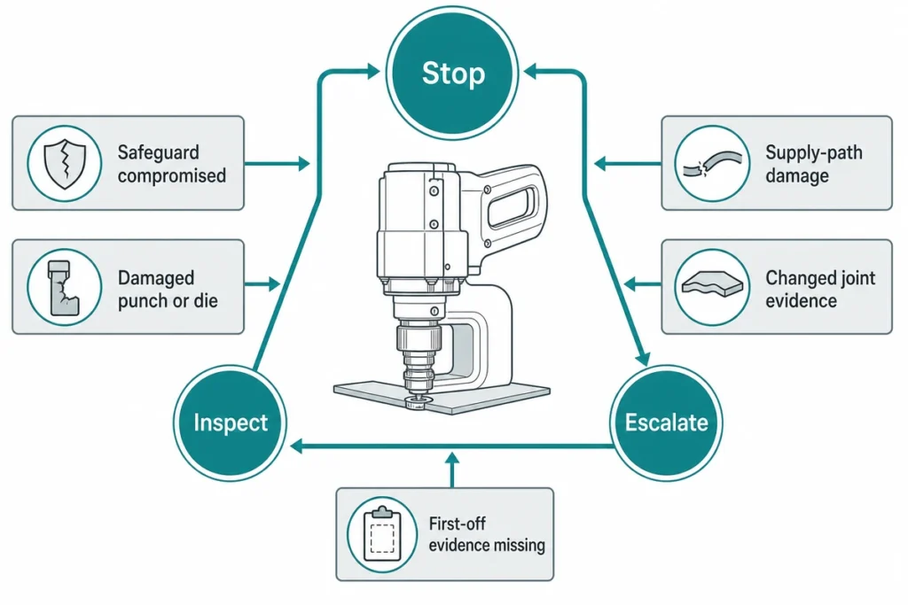 Stop inspect or escalate decision matrix for portable clinching equipment