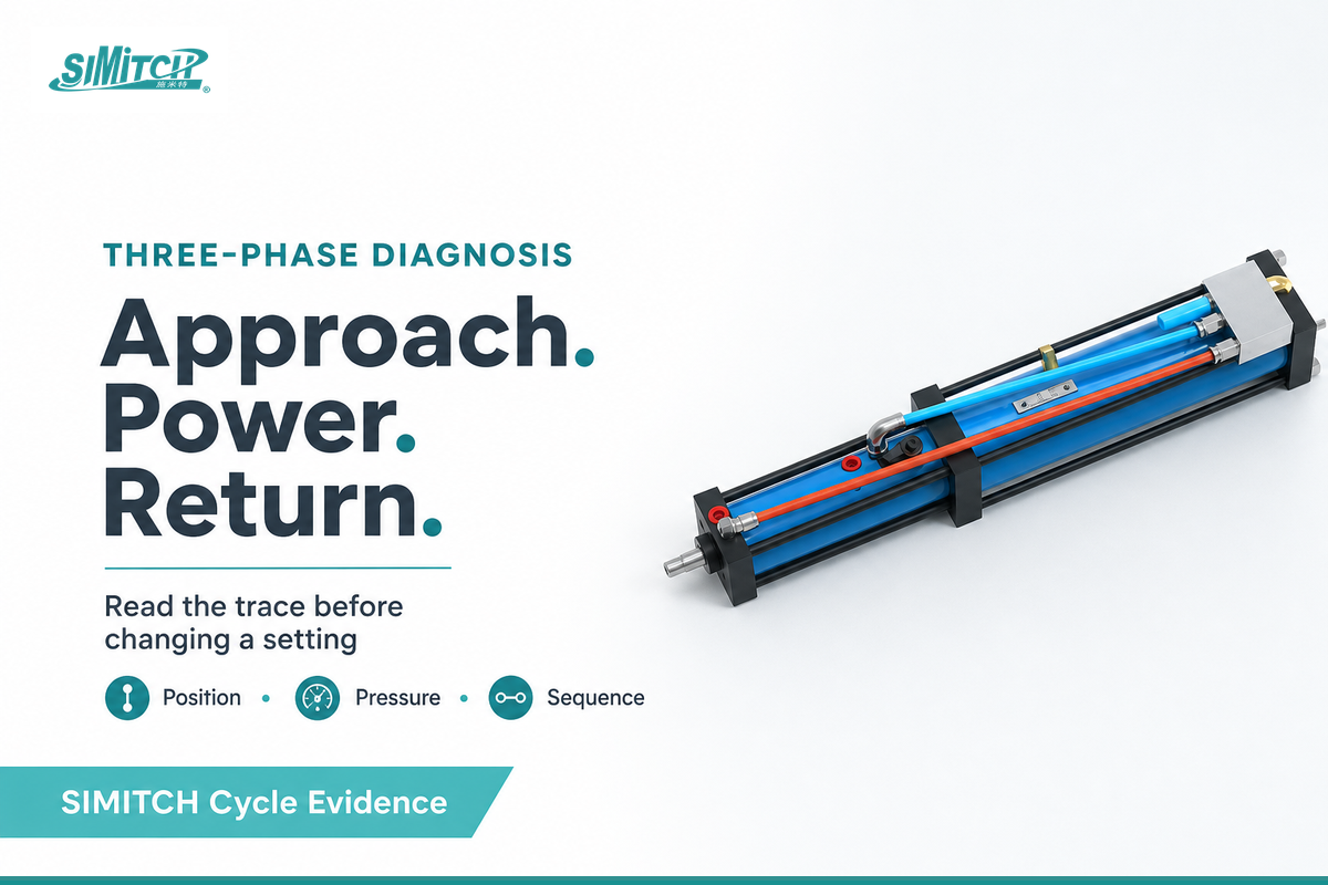 Three-phase pneumohydraulic drive cylinder cycle: approach, power and return
