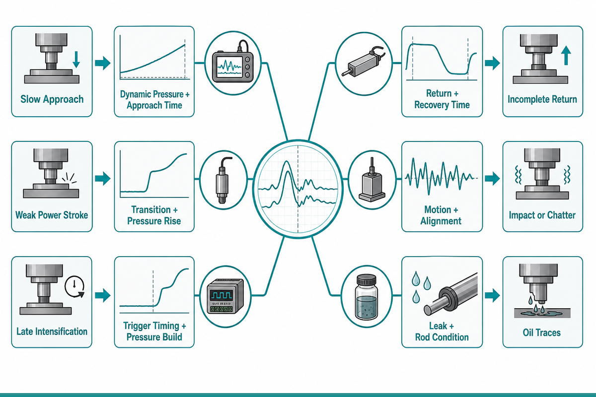 Symptom-led pneumohydraulic cylinder troubleshooting workflow