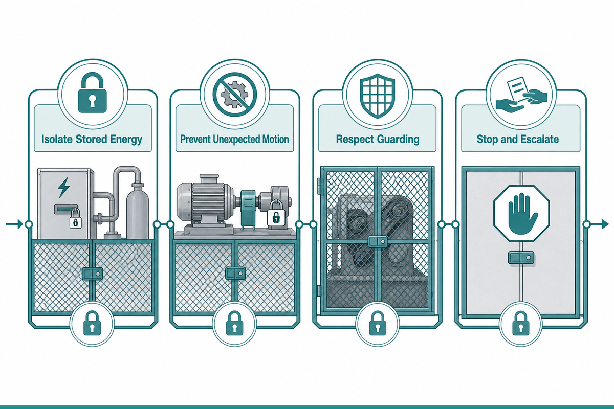Pneumohydraulic system safety and stop-work boundaries