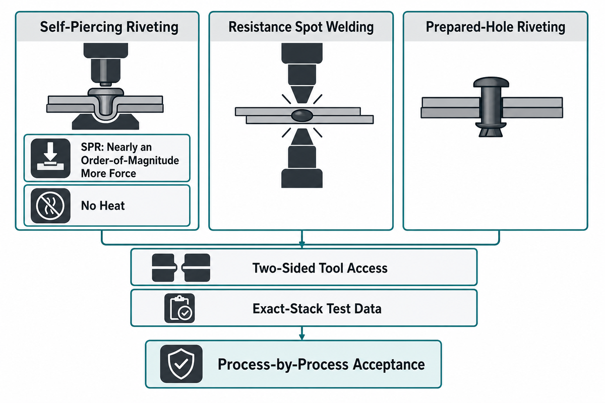 SPR needs about 10x spot-weld setting force and exact-stack testing (SAE 2001-01-0979)
