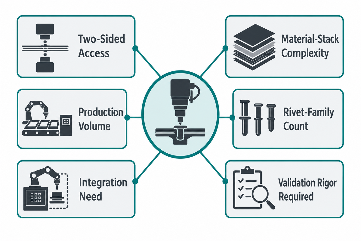 Six-factor fit screen checks access, stack, volume, feed, integration and validation (SIMITCH editorial aid)