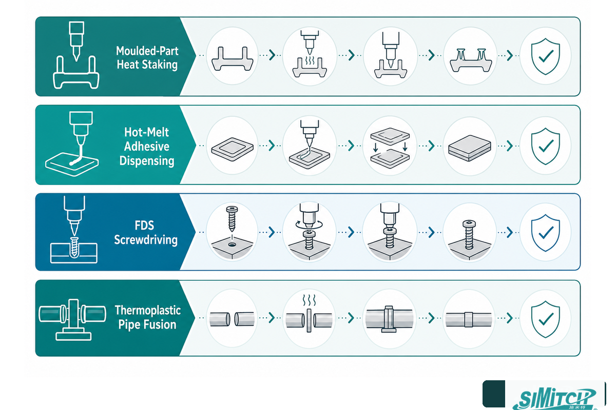 Four joining families separate heat staking from adhesive dispensing, FDS and pipe fusion