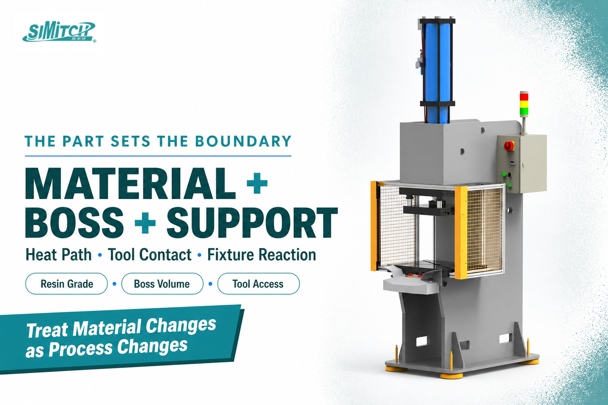 Material, boss geometry, tool contact and fixture support set the heat-staking boundary