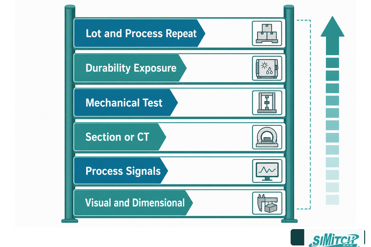 A six-layer evidence ladder separates appearance, signals, structure, strength and durability