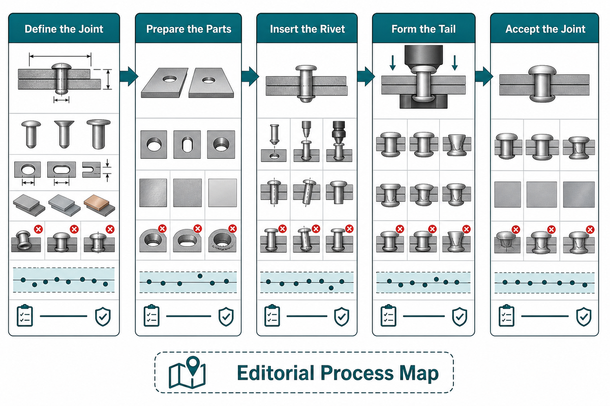 Five control stages move from joint definition and part preparation to rivet insertion, forming and acceptance. Source: SIMITCH editorial framework.