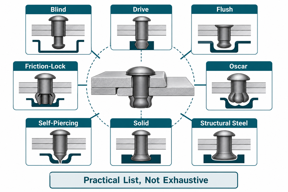 Eight TWI-listed rivet families surround a neutral joint, with a note that the practical list is not exhaustive. Source: TWI summary by SIMITCH.