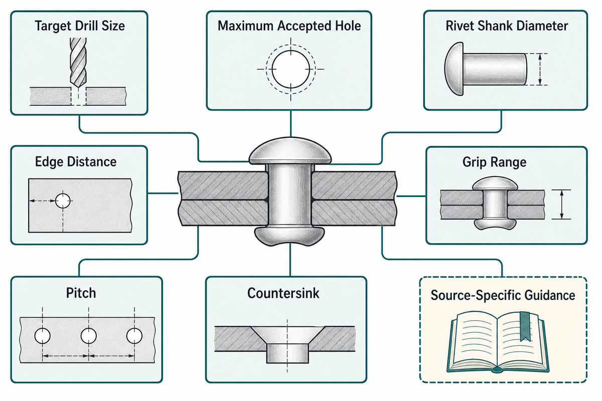 Eight drawing-release cards identify drill, hole, shank diameter, grip, edge distance, pitch, countersink and source-specific guidance. Source: cited guides summarized by SIMITCH.