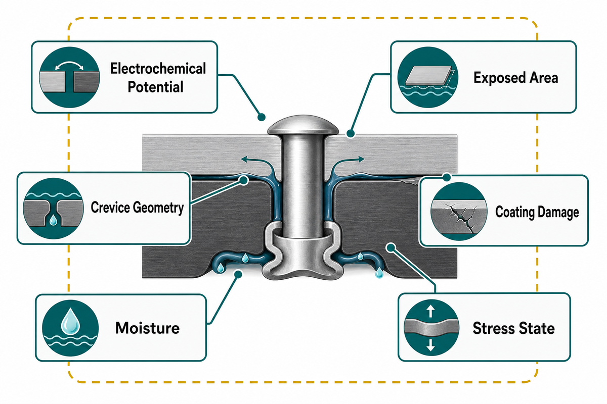 Six factors connect material potential, area, crevice, coating, moisture and stress to galvanic risk in one riveted joint. Source: cited corrosion records summarized by SIMITCH.