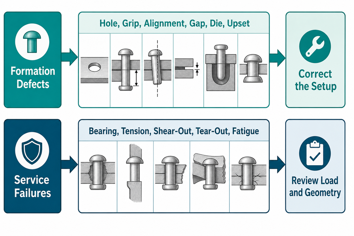 A two-lane diagnostic separates rivet formation defects from service-load failures and routes each to different evidence. Source: cited failure records summarized by SIMITCH.