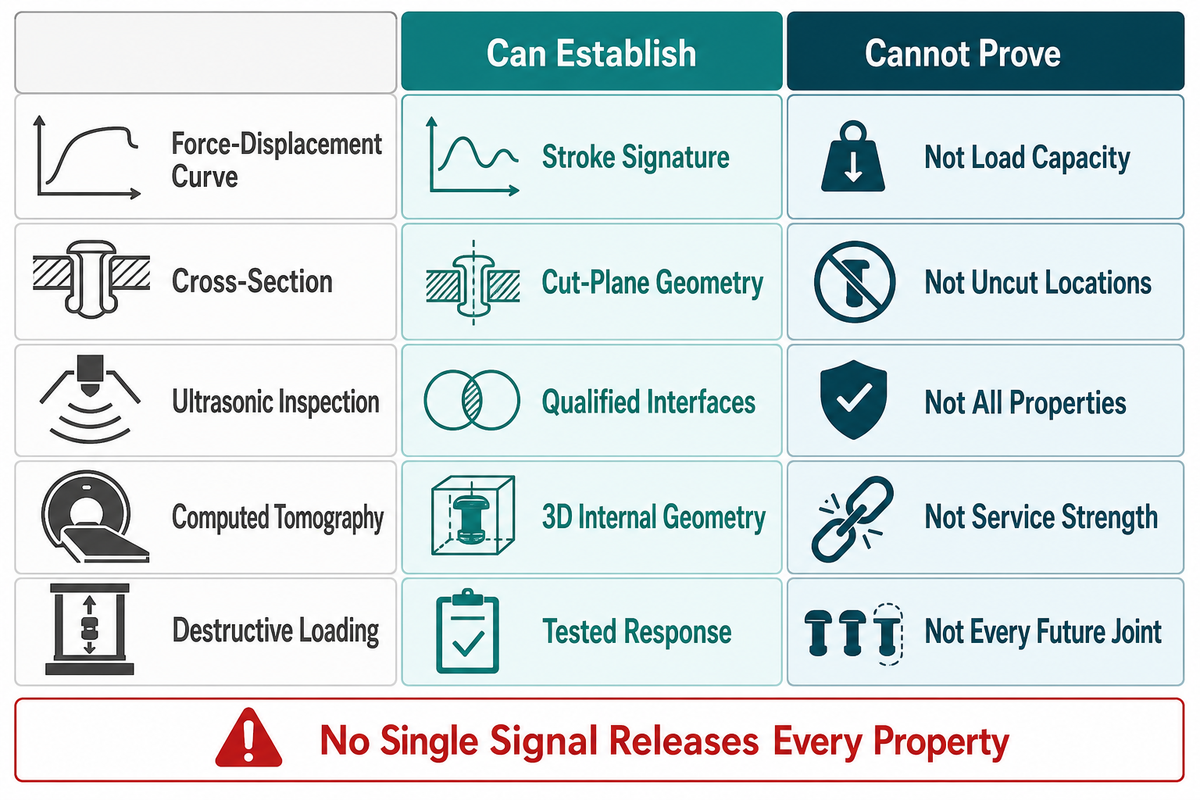 A five-row matrix states what force curves, cross-sections, ultrasonic checks, computed tomography and destructive loading=