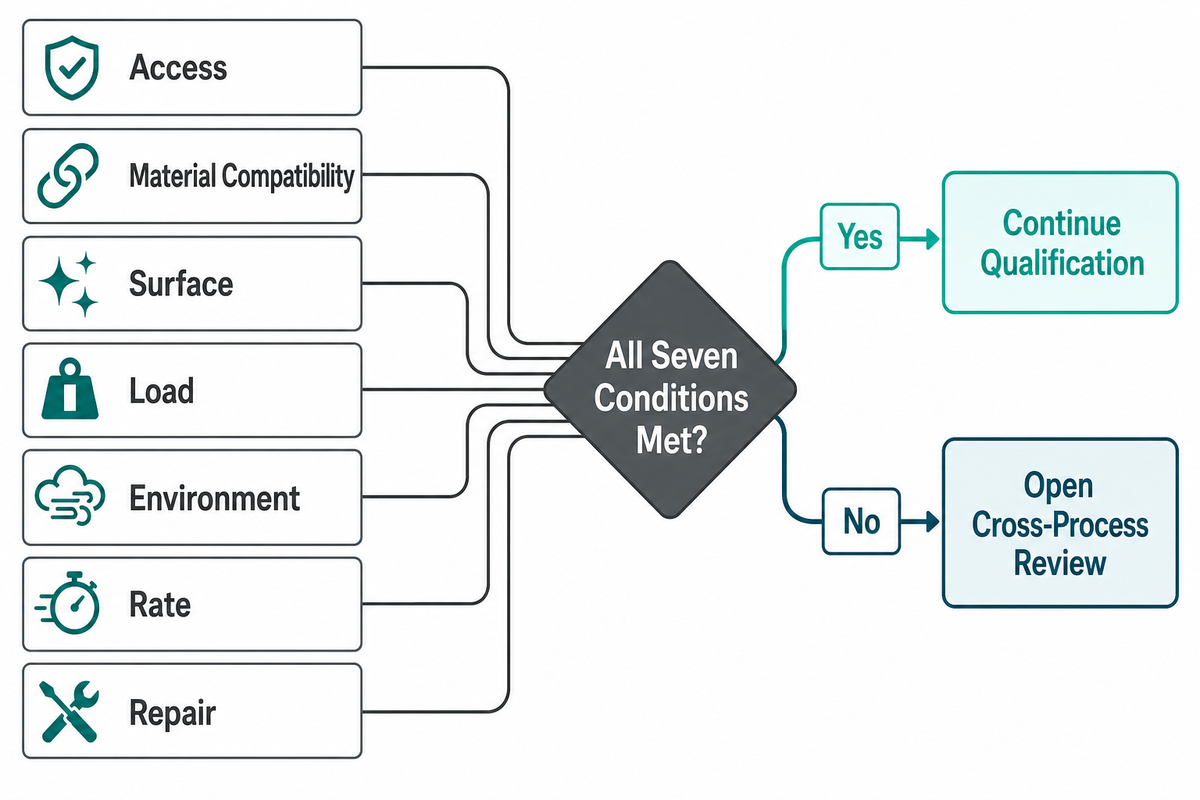 Seven trial conditions route a riveting process either toward continued qualification or a broader joining-method review. Source: SIMITCH editorial framework.