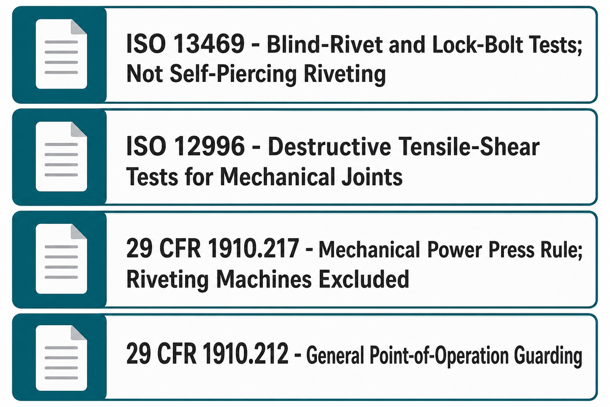 A four-row board separates blind-rivet tests, mechanical-joint tests, power-press exclusions and general machine guarding. Source: ISO and eCFR summaries by SIMITCH.