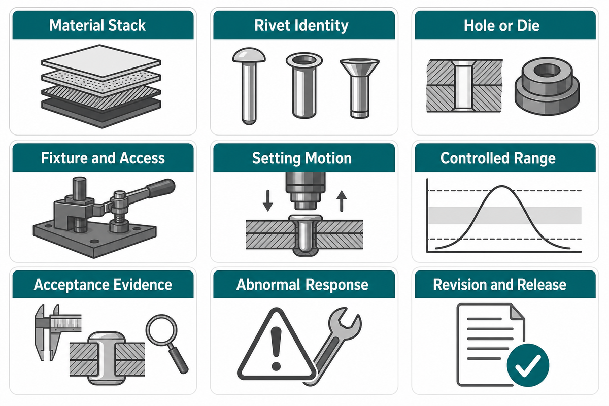 A nine-field release record binds stack, rivet, tooling, fixture, motion, limits, evidence, response and revision. Source: SIMITCH editorial framework.