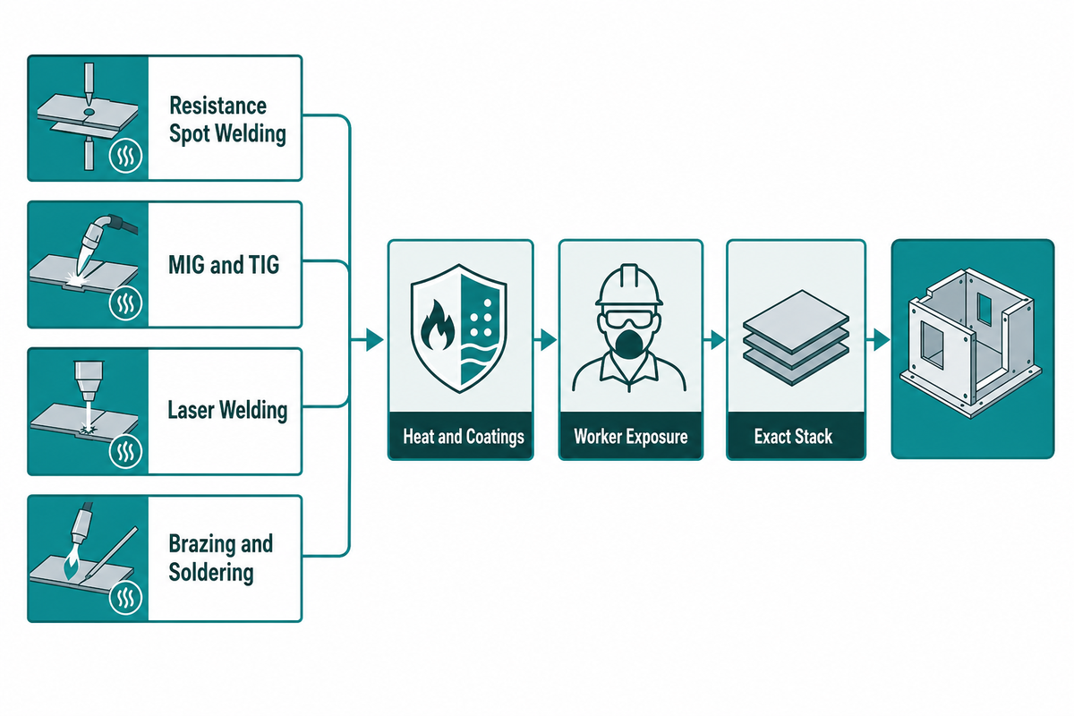 Thermal sheet joining routes screened by heat, coating, exposure, and stack