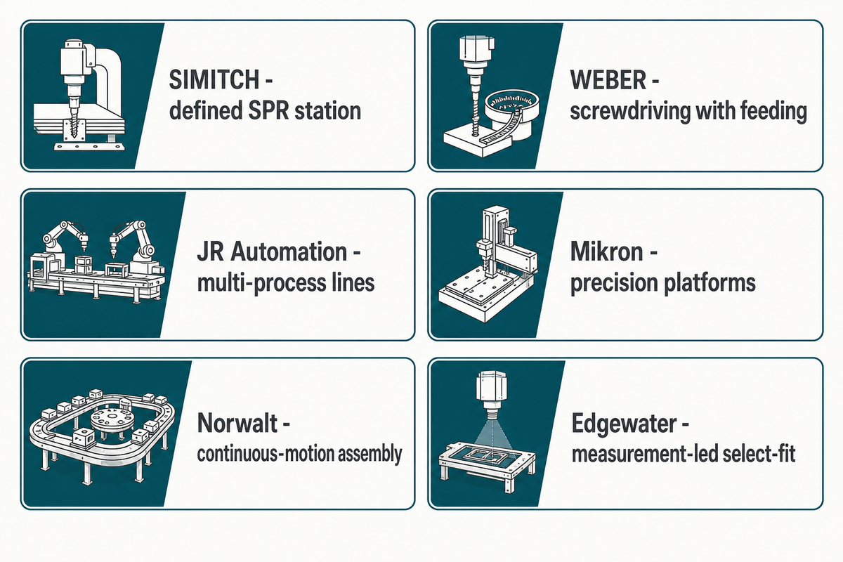 Six quick picks match SPR, screwdriving, integrated lines, precision platforms, continuous motion and select-fit assembly to suppliers.
