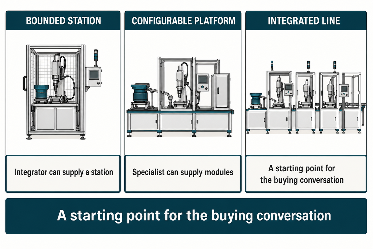 A bounded station, configurable assembly platform and integrated line represent different delivery scopes, with overlapping supplier roles.