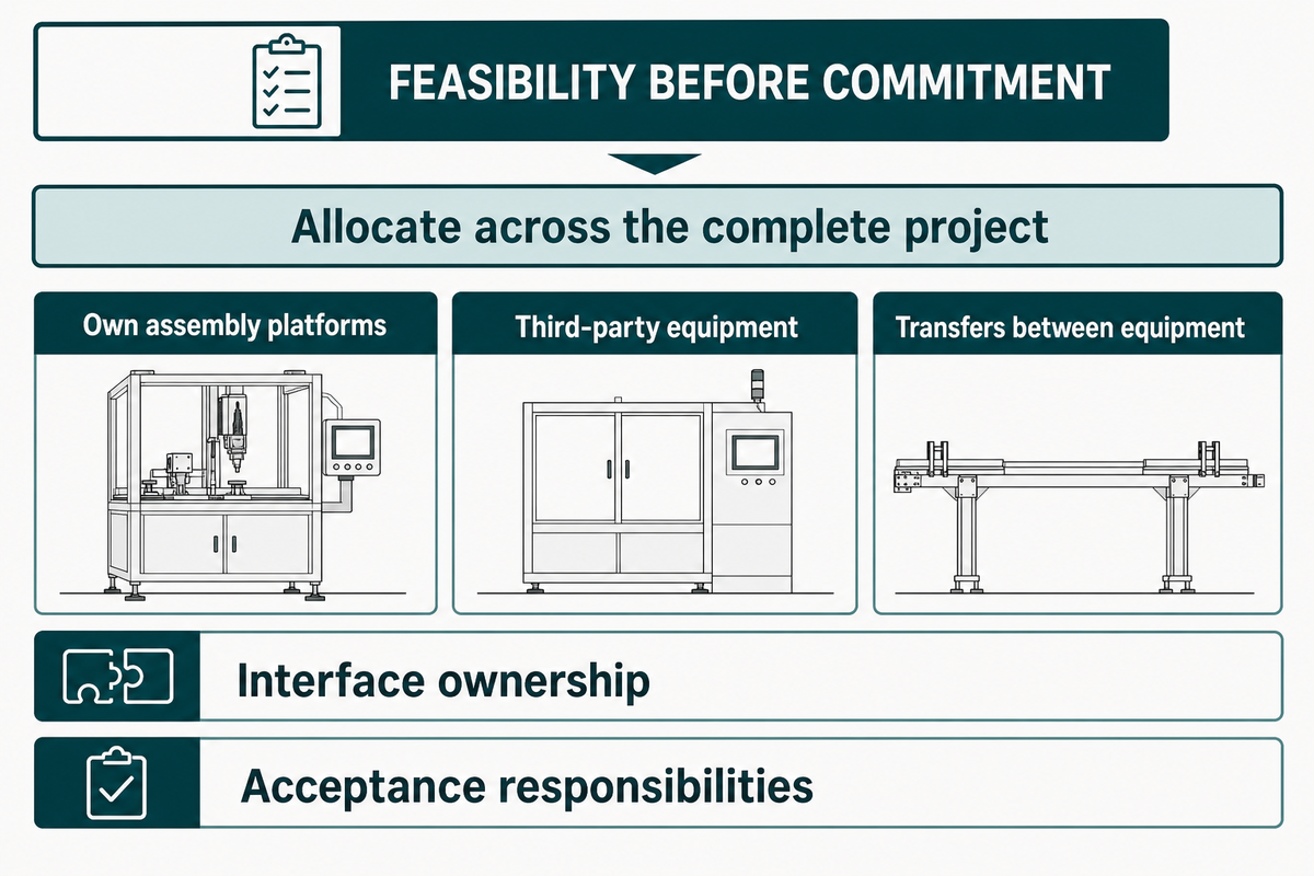 Integrated assembly projects combine feasibility work, own platforms, third-party equipment and transfers under defined interface and acceptance responsibilities.