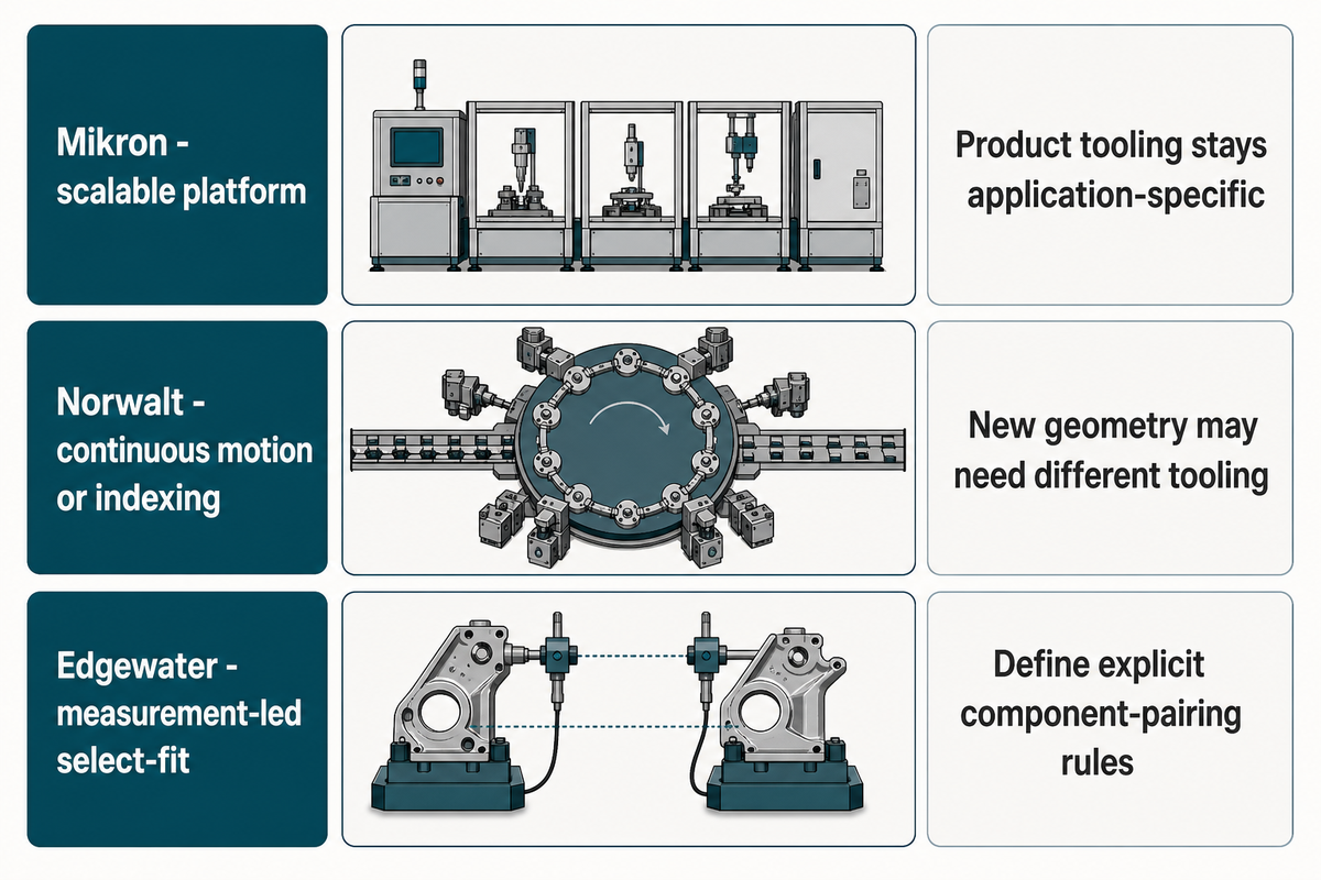 Mikron platforms still need product tooling, Norwalt product geometry may require tooling changes, and Edgewater select-fit assembly needs explicit pairing rules.