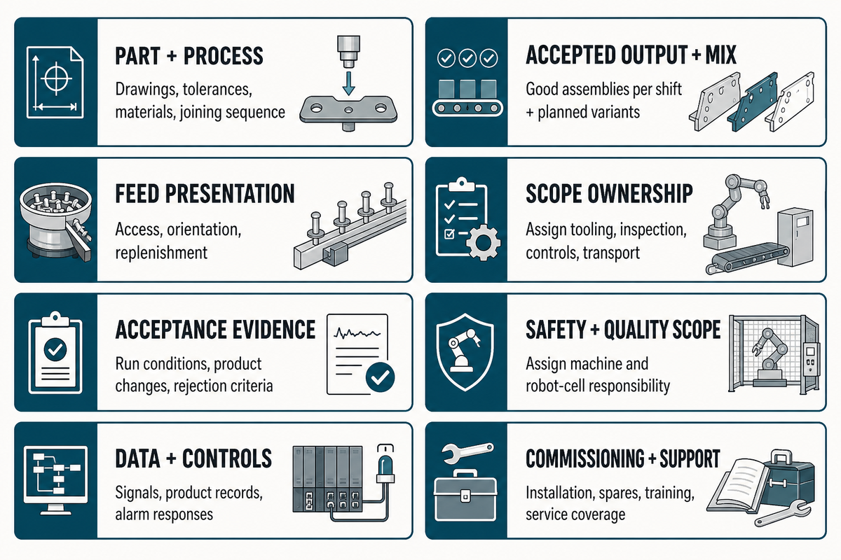 Eight supplier checks cover parts, accepted output, feed presentation, scope ownership, acceptance evidence, safety, controls and commissioning support.