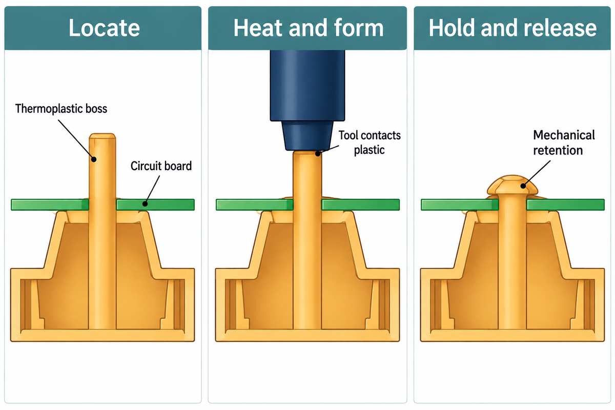 A thermoplastic boss forms a retaining head through the PCB hole; the joint provides mechanical retention.