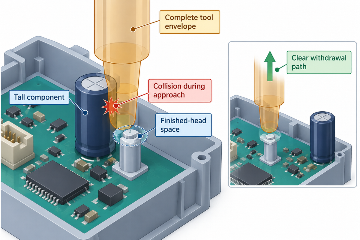 Finished-head clearance does not establish tool clearance; review the complete approach and retraction envelope.