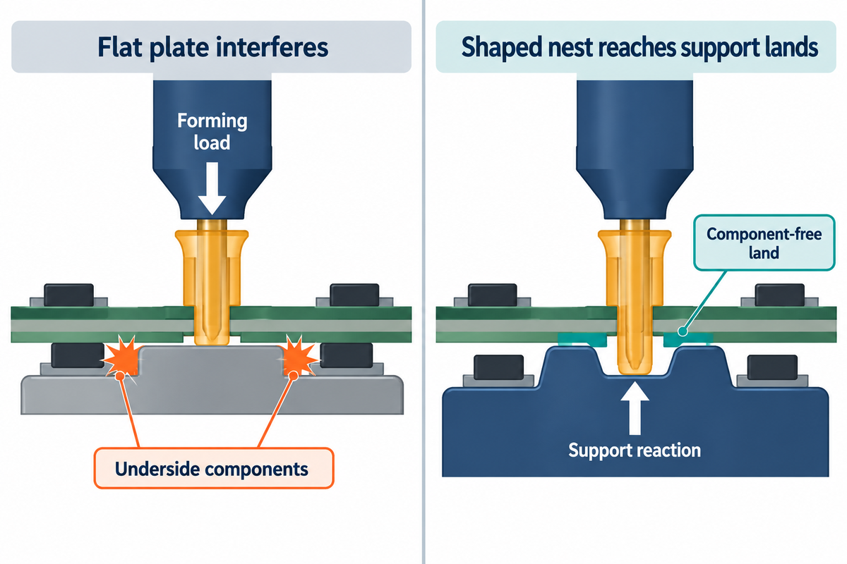 A shaped nest supports component-free PCB lands and the housing while avoiding underside components.
