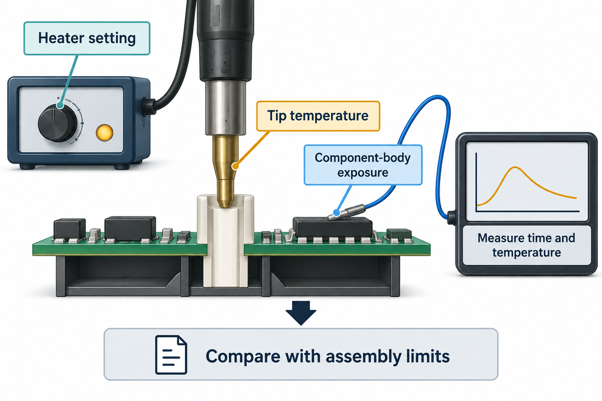 Heater setting, tip temperature and component exposure describe different locations; measure time and temperature.