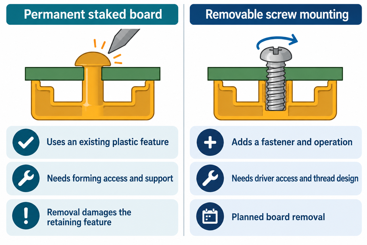 Compare permanent heat stakes with removable screws using access, support and the planned board-service route.