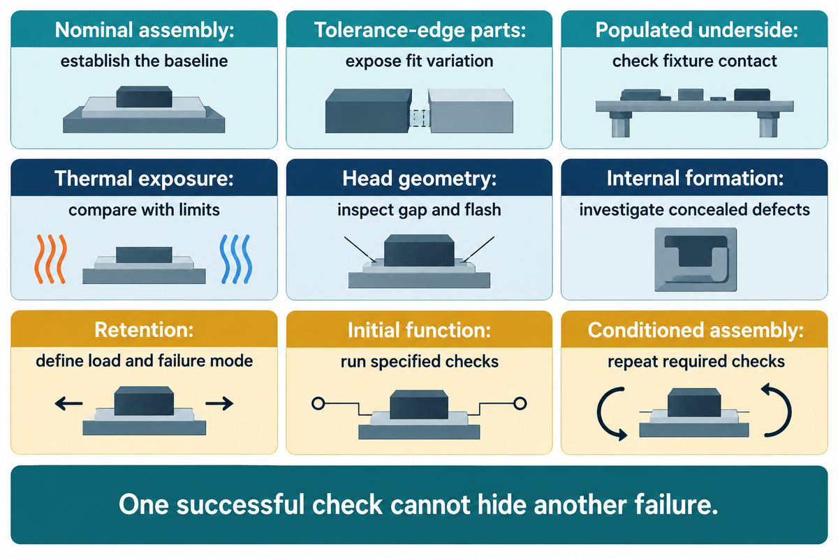 Separate nine trial checks: seating, tolerances, support, heat, head, internal formation, retention and function.