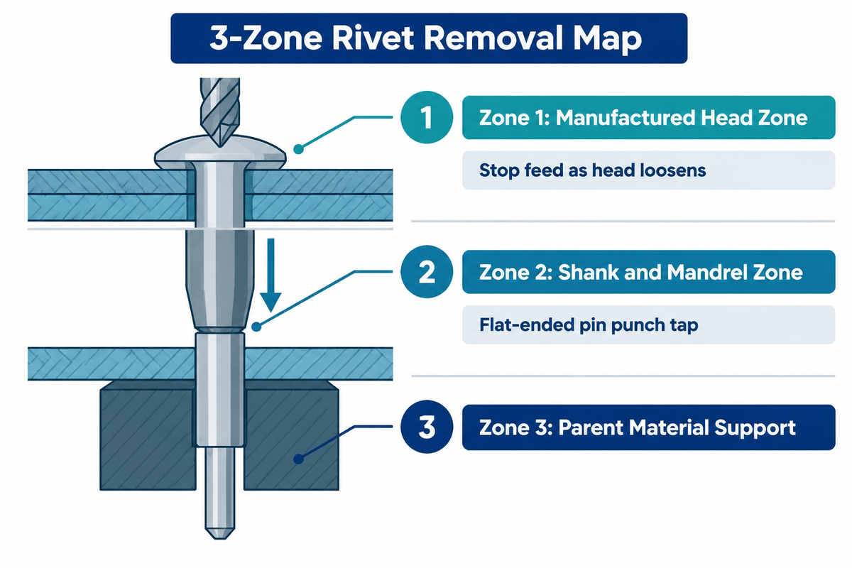 3-Zone Rivet Removal Map separating head cutting, pin-punch ejection, and rear backing support (FAA AC 43.13-1B)