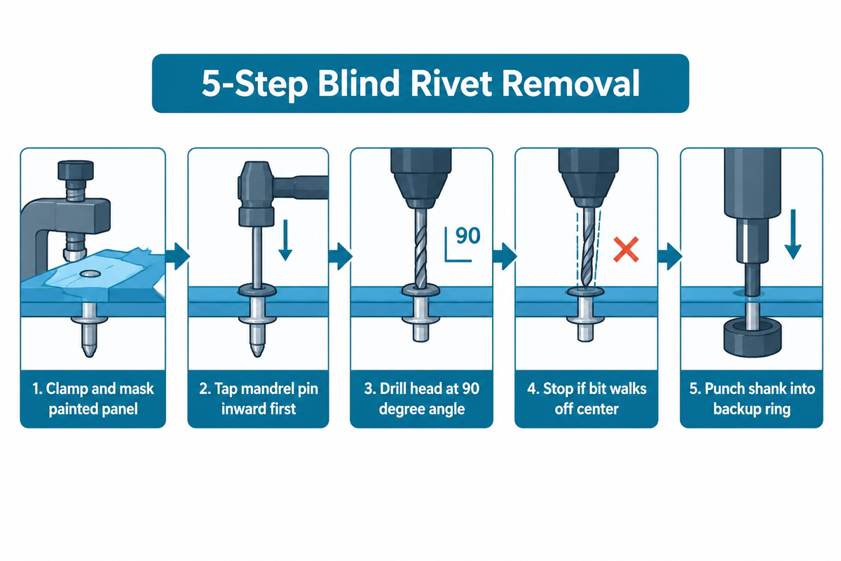 5-step blind rivet drilling sequence at a 90 degree angle after tapping out the mandrel pin (GESIPA USA)