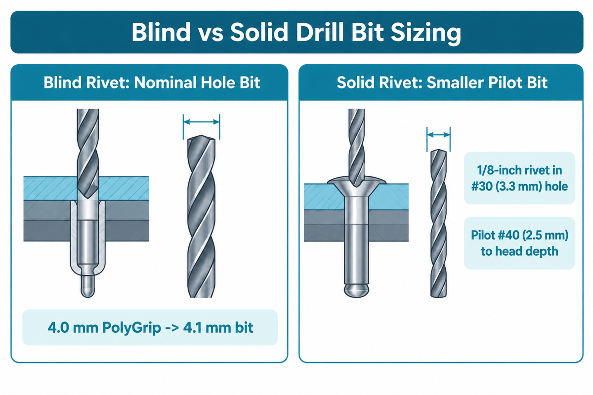 Drill bit sizing: 4.1 mm bit for 4.0 mm blind rivets vs #40 (2.5 mm) pilot bit for 1/8-inch solid rivets (GESIPA & EAA)