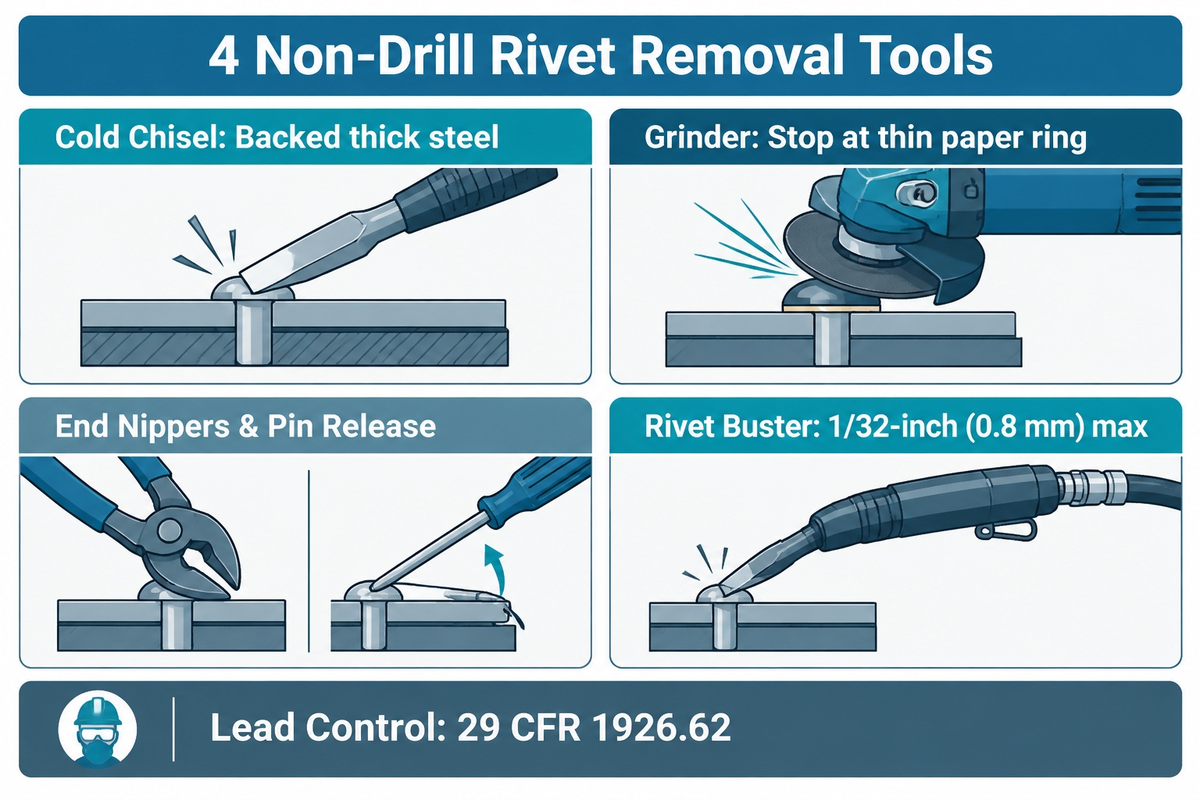 4 non-drill rivet removal methods with 1/32-inch (0.8 mm) bridge chamfer limit and 29 CFR 1926.62 lead controls (Iowa DOT)