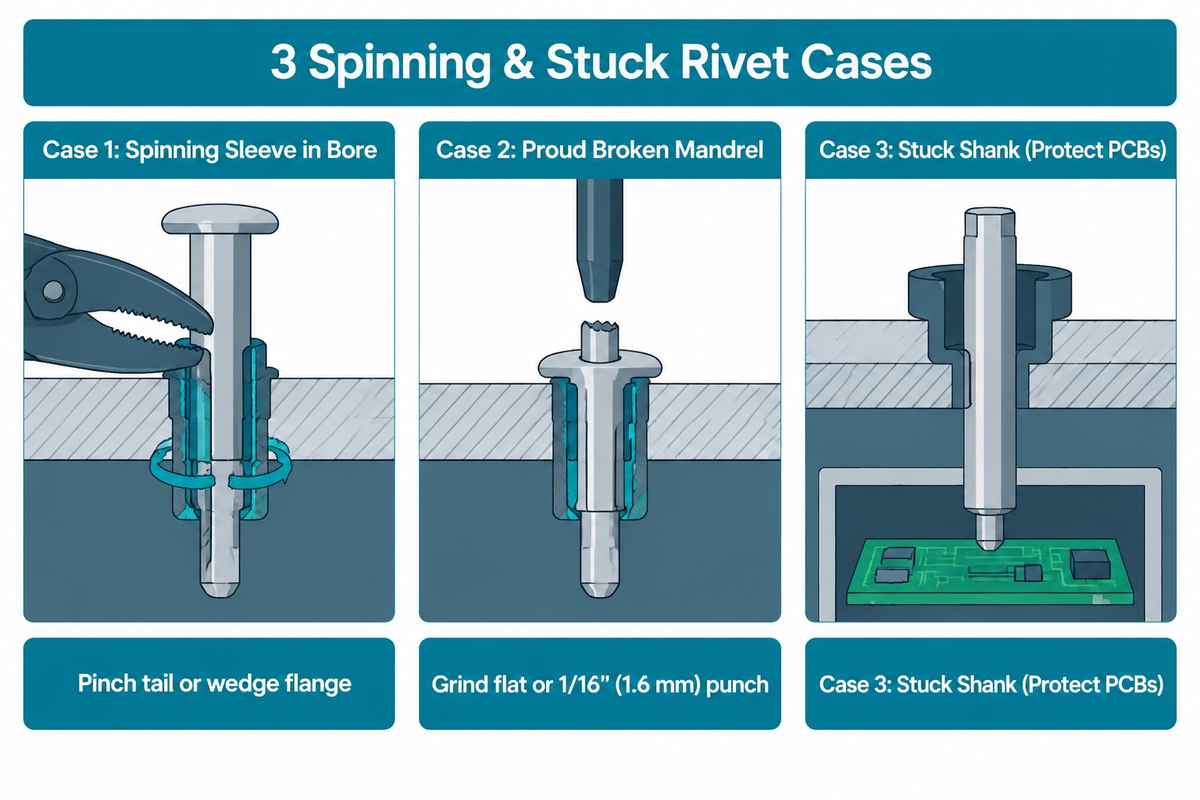 3 shop remedies for spinning pop rivets, proud mandrels using a 1/16-inch (1.6 mm) punch, and stuck shanks (Chief Delphi)