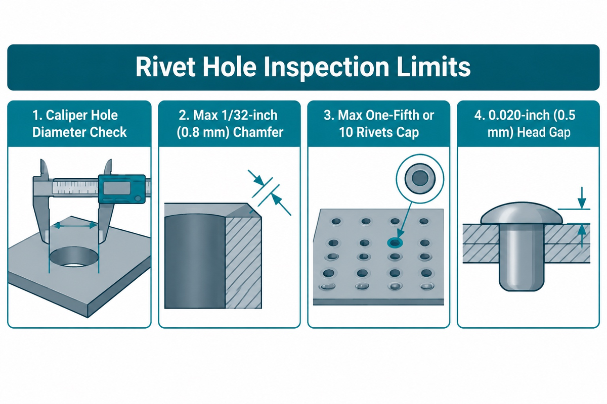 Rivet hole inspection limits: 1/32-inch (0.8 mm) chamfer, 10-rivet reaming cap, and 0.020-inch (0.5 mm) feeler gauge (EAA & Iowa DOT)