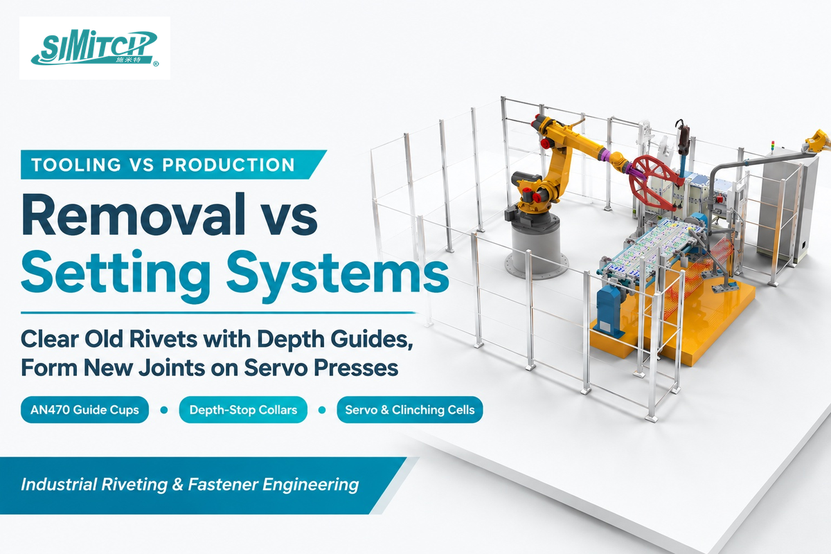 Distinguishing AN470 rivet removal guide attachments from SIMITCH industrial servo riveting and clinching presses (Kitplanes)
