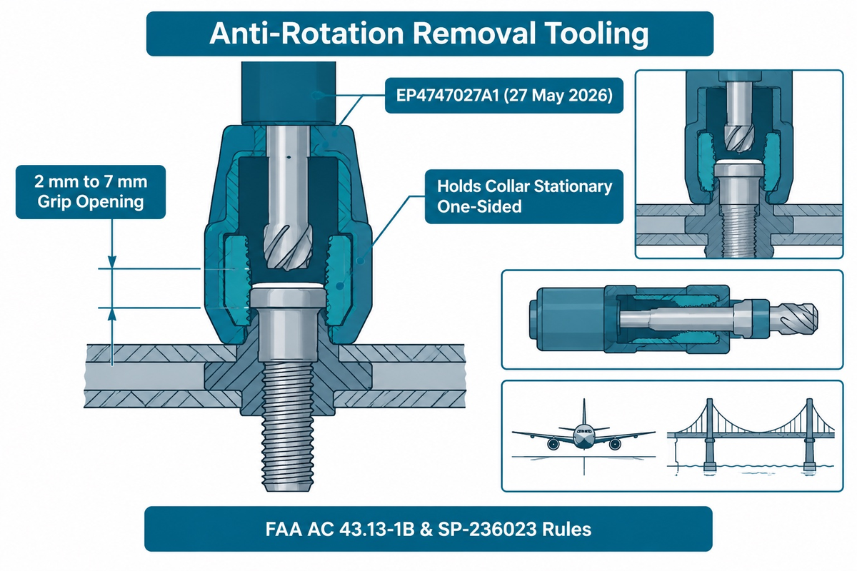 Single-operator anti-rotation blind fastener removal sleeve with 2 mm to 7 mm opening (Airbus Atlantic Patent EP4747027A1)