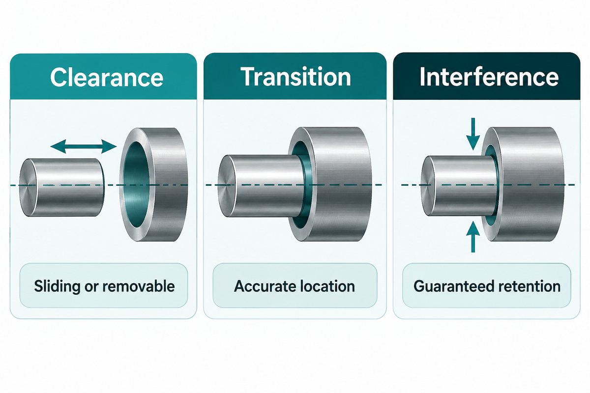 Clearance, transition and interference fit families answer different movement and retention questions.