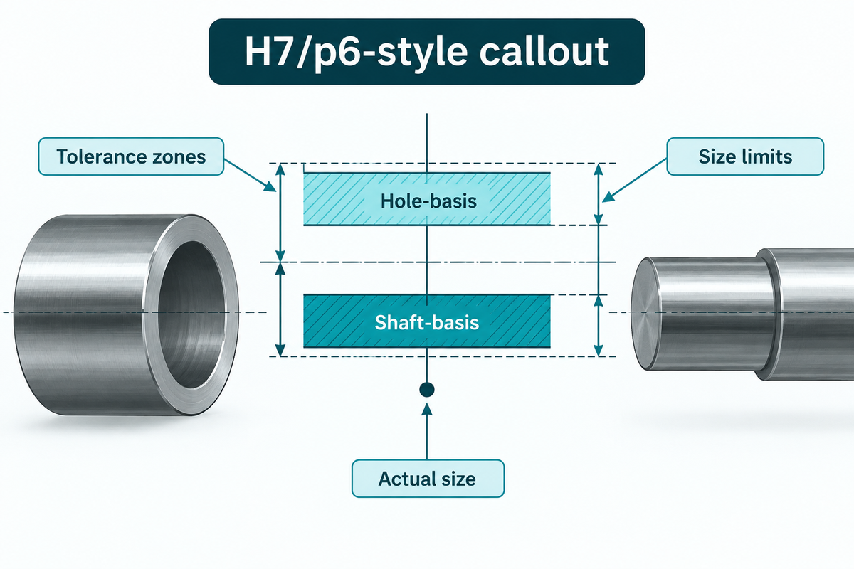 An H7/p6-style callout maps tolerance zones and size limits but does not set wall stress or acceptance limits.