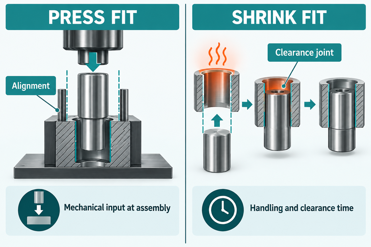 Press fit uses controlled force; shrink fit uses temporary thermal clearance before interference returns.