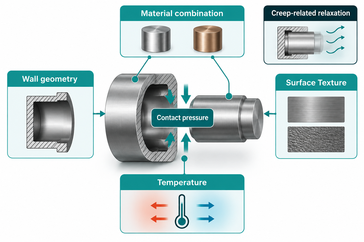 Material combination, wall geometry, surface texture and temperature change interference-fit behavior.