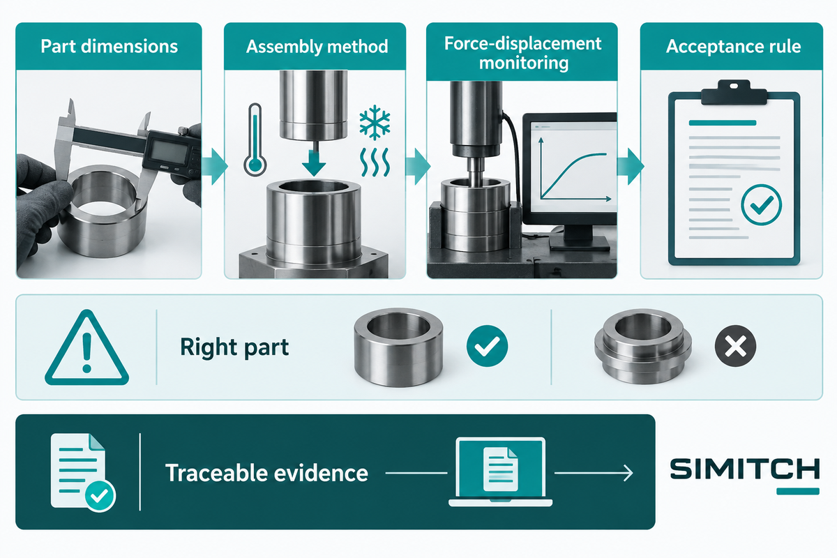 Interference-fit inspection links dimensions, temperature, force-displacement monitoring and the acceptance rule.