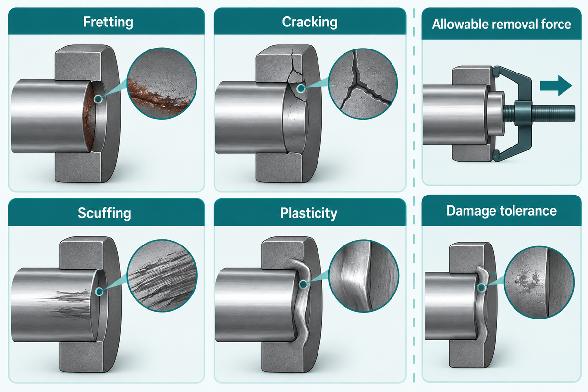 Interference-fit failure modes include cracking, fretting, scuffing and plastic deformation during service or removal.