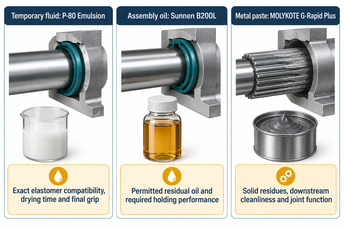 Temporary fluid, assembly oil and metal paste differ by residual film and joint duty; supplier descriptions.