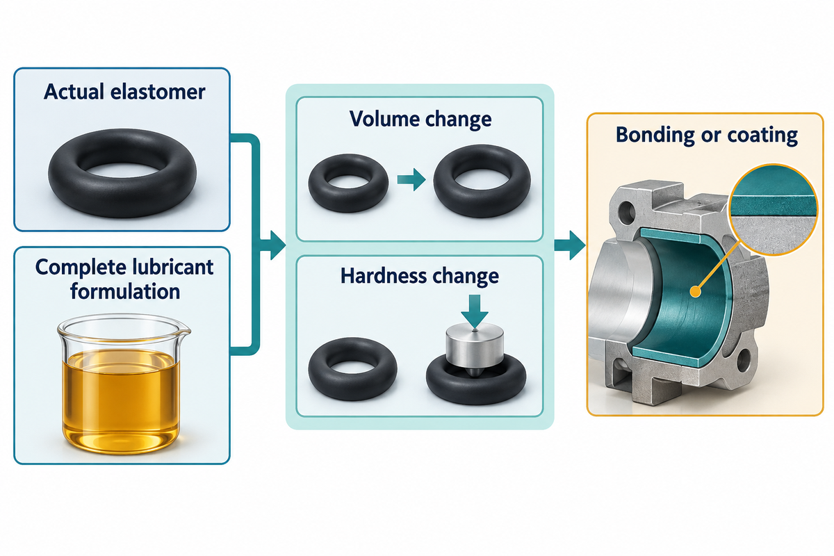 Test the actual elastomer and formulation, then protect bonding or coating surfaces; ASTM D471 and D4289.