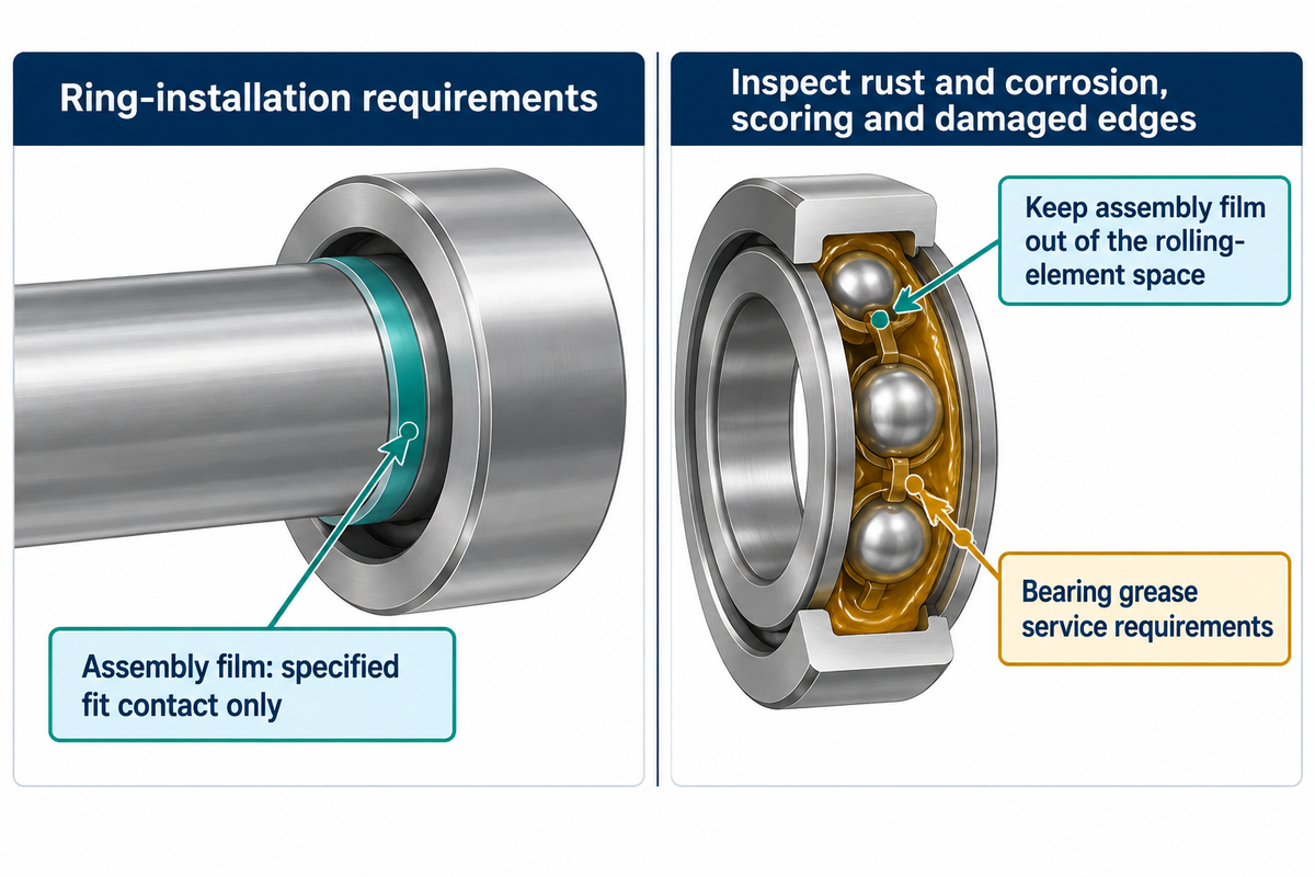 Keep assembly film on the specified fit surface and distinguish bearing grease from ring installation; DuPont guidance.
