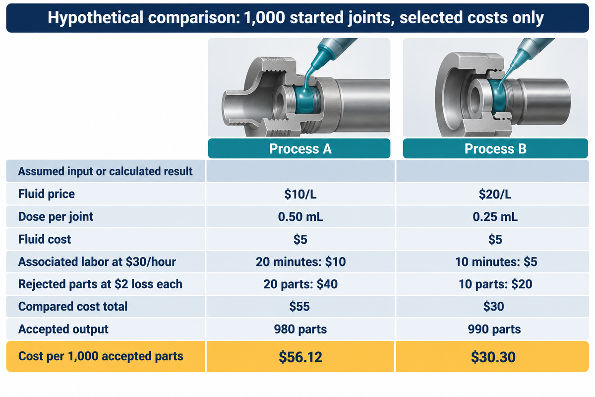 Hypothetical selected cost per 1,000 accepted parts: A $56.12 and B $30.30; article arithmetic example.