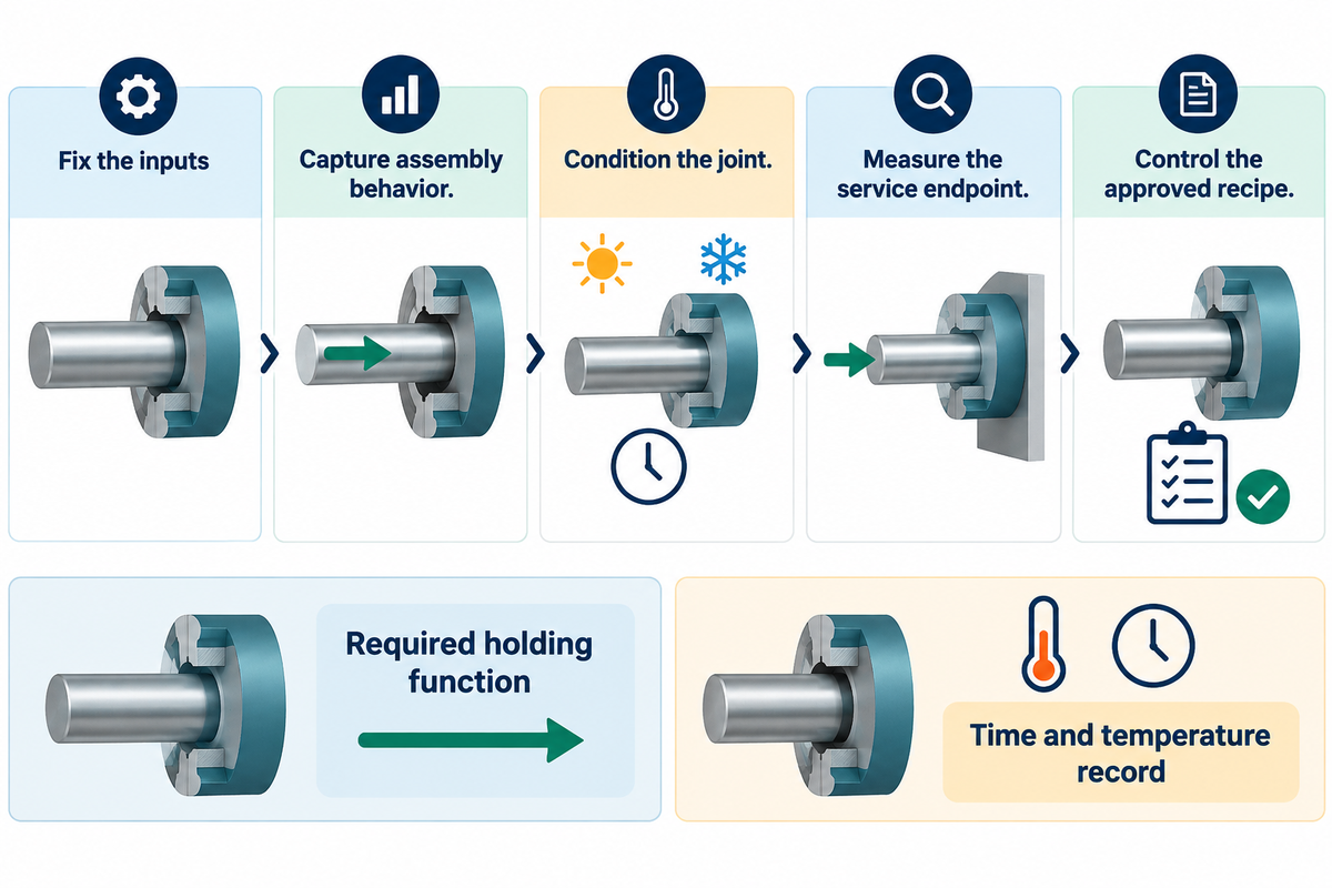 Fix inputs, capture assembly, condition, measure holding function and control the recipe; ASTM-informed validation plan.