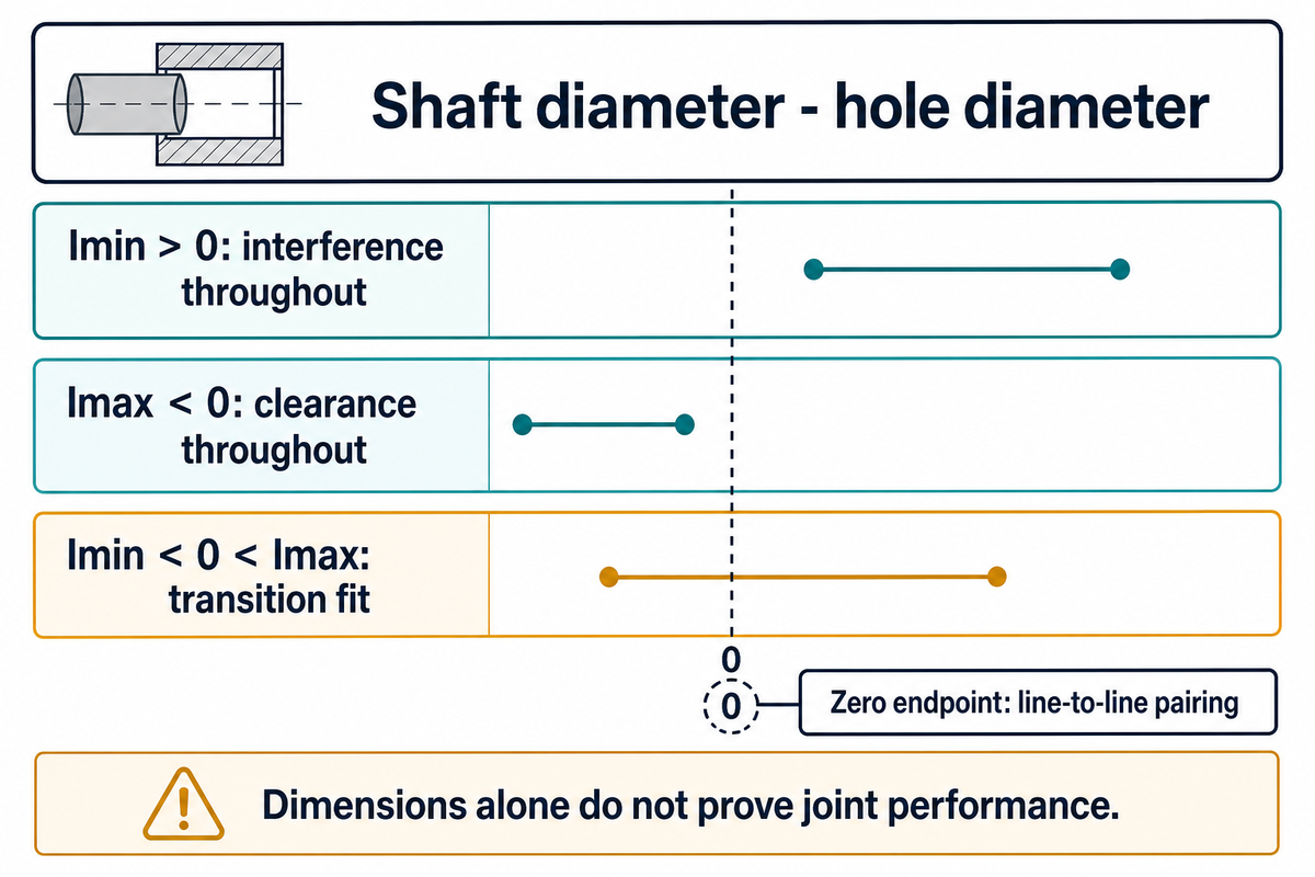 Classify shaft-minus-hole intervals as interference, clearance or transition; zero allows a line-to-line pairing.